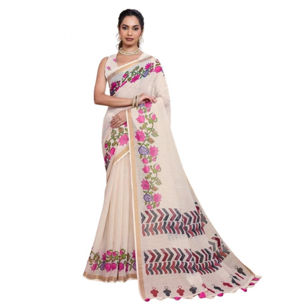 Women's Linen Floral Printed Saree With Unstitched Blouse 5.5Mtr (Cream) Women's Linen Floral Printed Saree With Unstitched Blouse 5.5Mtr (Cream)