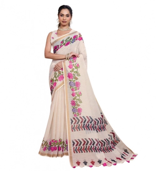 Women's Linen Floral Printed Saree With Unstitched Blouse 5.5Mtr (Cream)