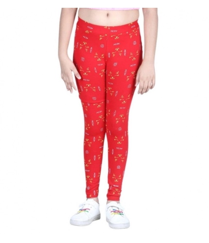 Girl's Cotton Lycra Printed Elasticated Leggings (Red)