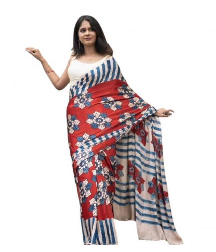 Women's Linen Printed Saree With Unstitched Blouse 5.5Mtr (Red)