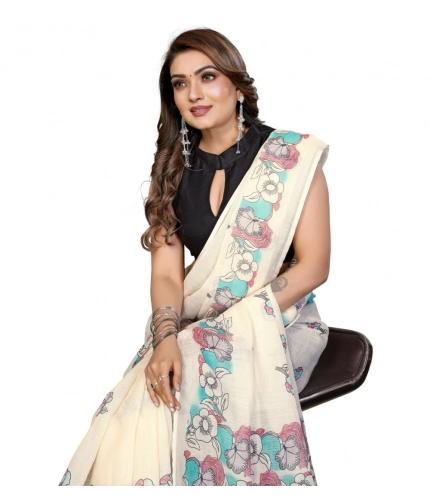 Women's Linen Cotton Printed Saree With Unstitched Blouse 5.5Mtr (Off White)