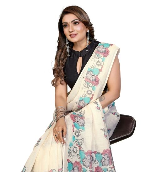 Women's Linen Cotton Printed Saree With Unstitched Blouse 5.5Mtr (Off White)