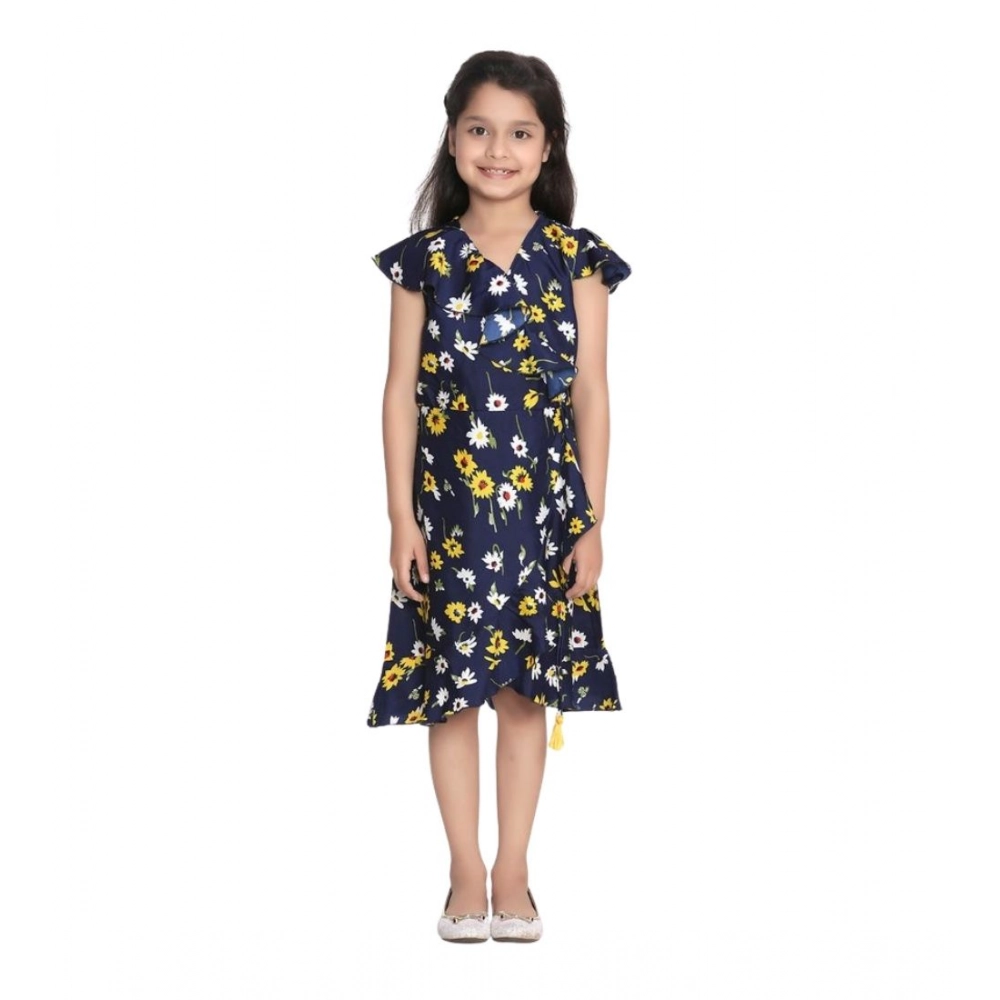 Girl's Polyester Crepe Polka Cold Shoulder Dress (Navy Blue)