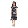 Girl's Polyester Crepe Polka Cold Shoulder Dress (Navy Blue)