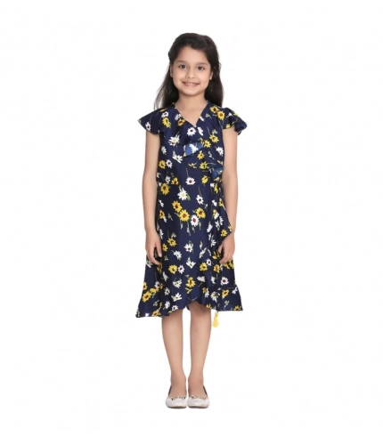Girl's Polyester Crepe Polka Cold Shoulder Dress (Navy Blue)