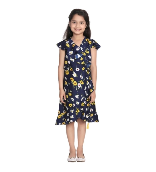 Girl's Polyester Crepe Polka Cold Shoulder Dress (Navy Blue)