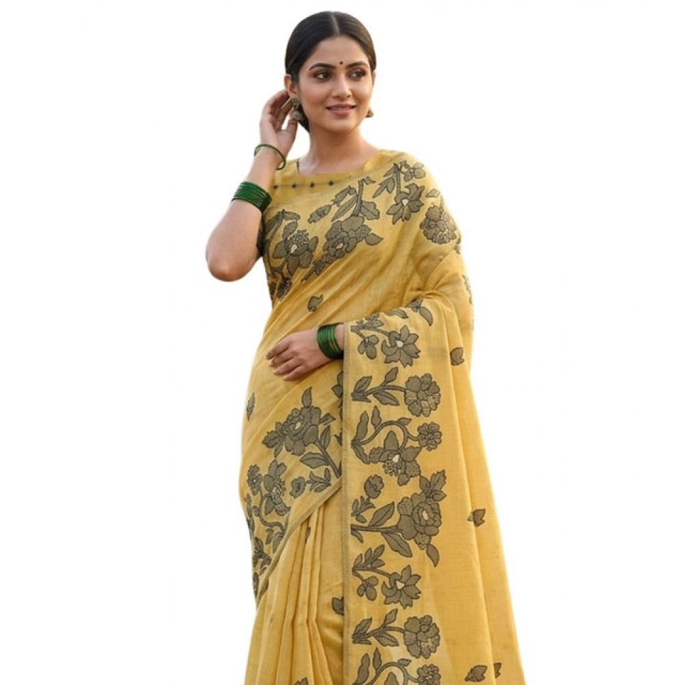 Women's Linen Cotton Printed Saree With Unstitched Blouse 5.5Mtr (Yellow) Women's Linen Cotton Printed Saree With Unstitched Blouse 5.5Mtr (Yellow)