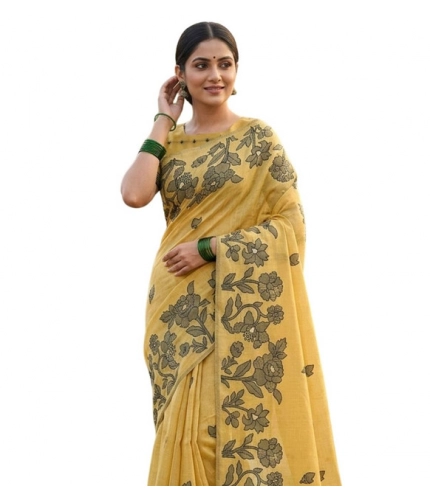 Women's Linen Cotton Printed Saree With Unstitched Blouse 5.5Mtr (Yellow)