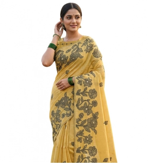 Women's Linen Cotton Printed Saree With Unstitched Blouse 5.5Mtr (Yellow)