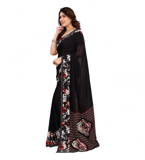 Women's Georgette Printed Saree With Unstitched Blouse 5.5Mtr (Black)