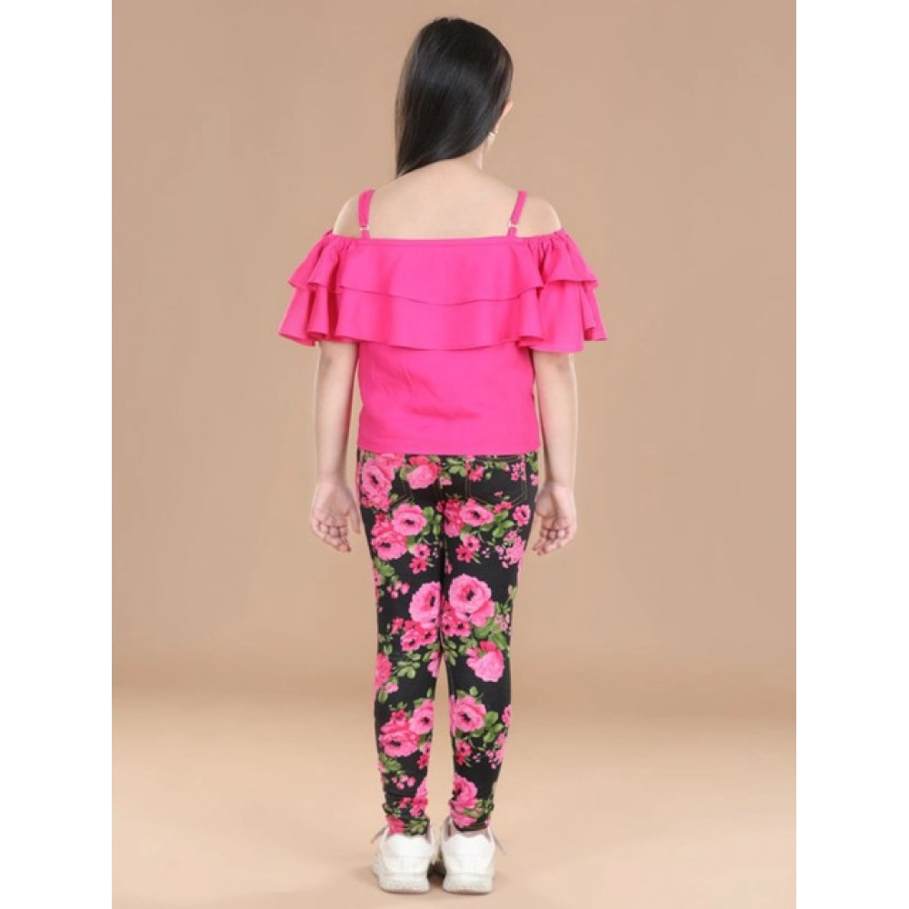 Girl's Cotton Floral Elasticated Jegging and Top Set (Black-Pink)