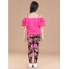 Girl's Cotton Floral Elasticated Jegging and Top Set (Black-Pink)