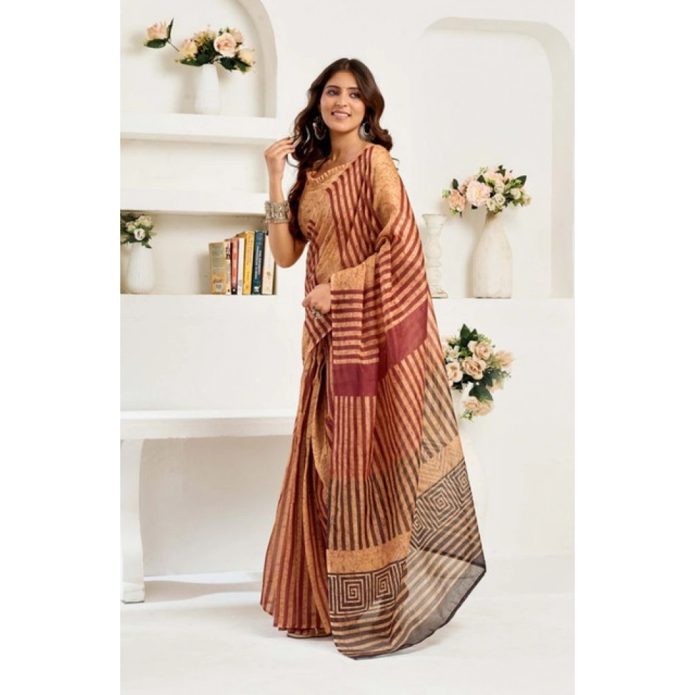 Women's Faux Linen Geometric Print Ready to wear Saree With Unstitched Blouse 5.5Mtr (Brown) Women's Faux Linen Geometric Print Ready to wear Saree With Unstitched Blouse 5.5Mtr (Brown)