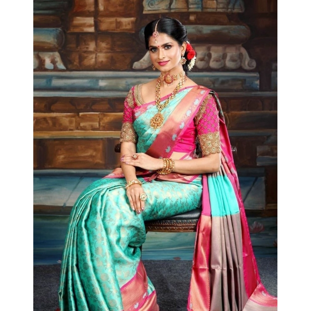 Women's Litchi silk Printed Saree With Unstitched Blouse (Turquise Blue) Women's Litchi silk Printed Saree With Unstitched Blouse (Turquise Blue)