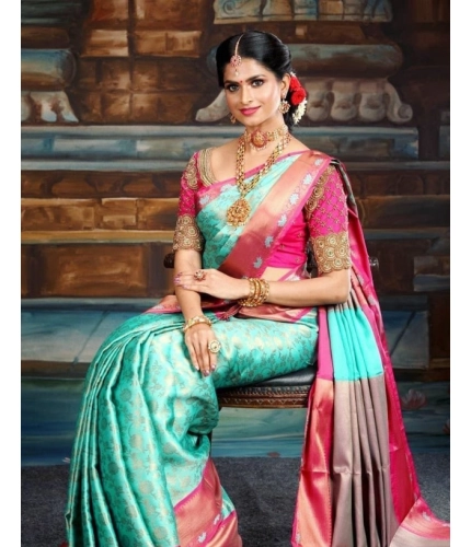 Women's Litchi silk Printed Saree With Unstitched Blouse (Turquise Blue)