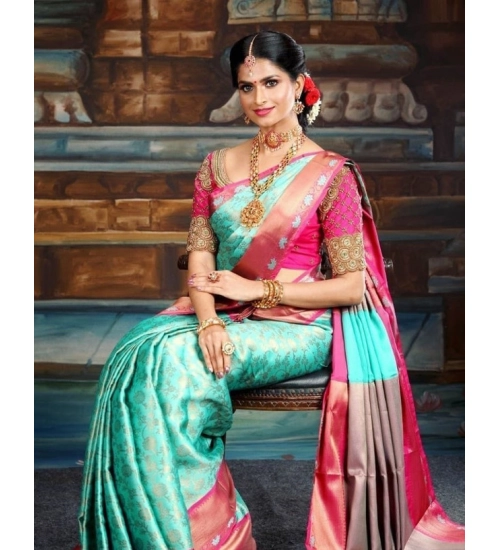 Women's Litchi silk Printed Saree With Unstitched Blouse (Turquise Blue)