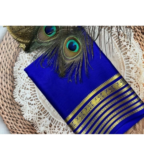 Women's Crepe Chit Pallu Solid Saree With Unstitched Blouse 5.5Mtr (Blue)