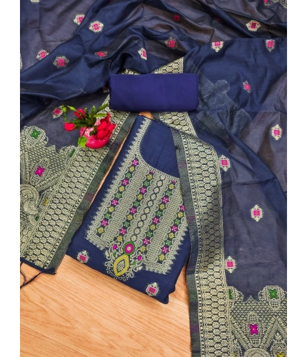 Women's Banarasi Silk Printed Unstitched Salwar Suit Material With Dupatta (Navy Blue, 3Mtrs)