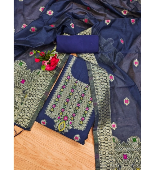 Women's Banarasi Silk Printed Unstitched Salwar Suit Material With Dupatta (Navy Blue, 3Mtrs)