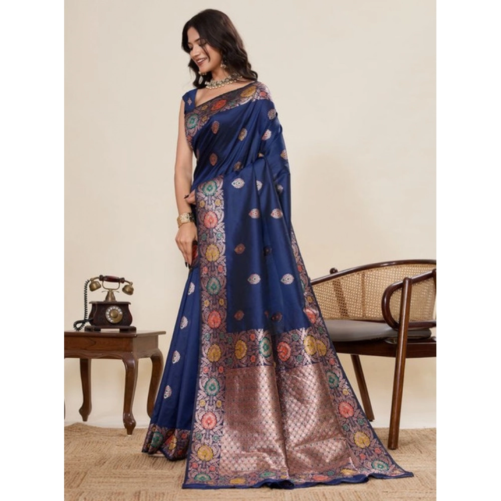 Women's Faux_Banarasi_Silk Woven Saree With Unstitched Blouse 5.5Mtr (Navy_Blue) Women's Faux_Banarasi_Silk Woven Saree With Unstitched Blouse 5.5Mtr (Navy_Blue)