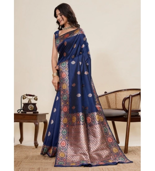 Women's Faux_Banarasi_Silk Woven Saree With Unstitched Blouse 5.5Mtr (Navy_Blue)
