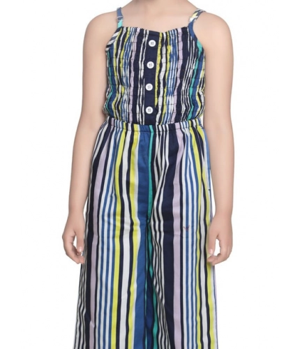 Girl's Rayon Striped Sleeveless Jumpsuit (Blue)