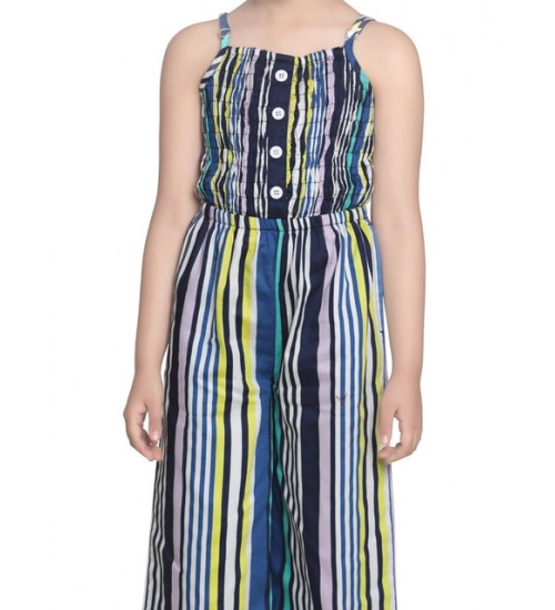 Girl's Rayon Striped Sleeveless Jumpsuit (Blue)