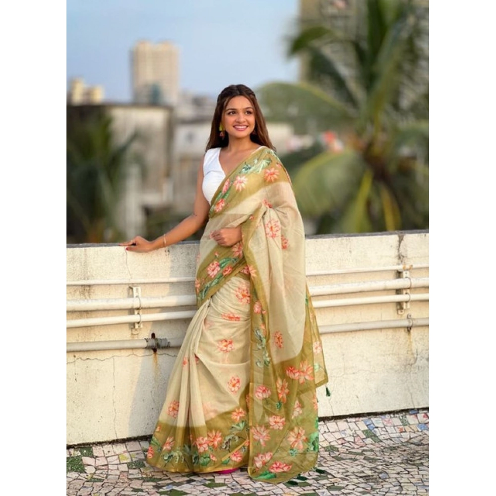 Women's Linen Printed Saree With Unstitched Blouse 5.5Mtr (Mahendi) Women's Linen Printed Saree With Unstitched Blouse 5.5Mtr (Mahendi)