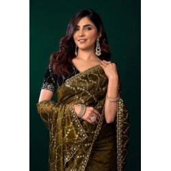 Women's Net Sequence Saree With Unstitched Blouse 5.5Mtr (Mahendi)