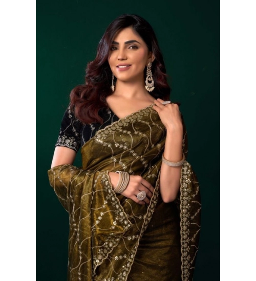 Women's Net Sequence Saree With Unstitched Blouse 5.5Mtr (Mahendi)