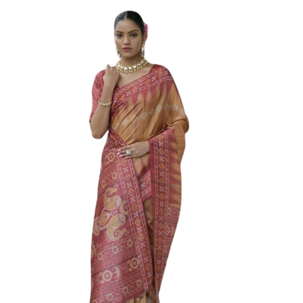Women's Faux_Tussar Ikat Saree With Unstitched Blouse 5.5Mtr (Rust) Women's Faux_Tussar Ikat Saree With Unstitched Blouse 5.5Mtr (Rust)