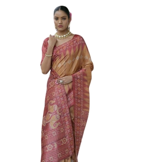 Women's Faux_Tussar Ikat Saree With Unstitched Blouse 5.5Mtr (Rust)