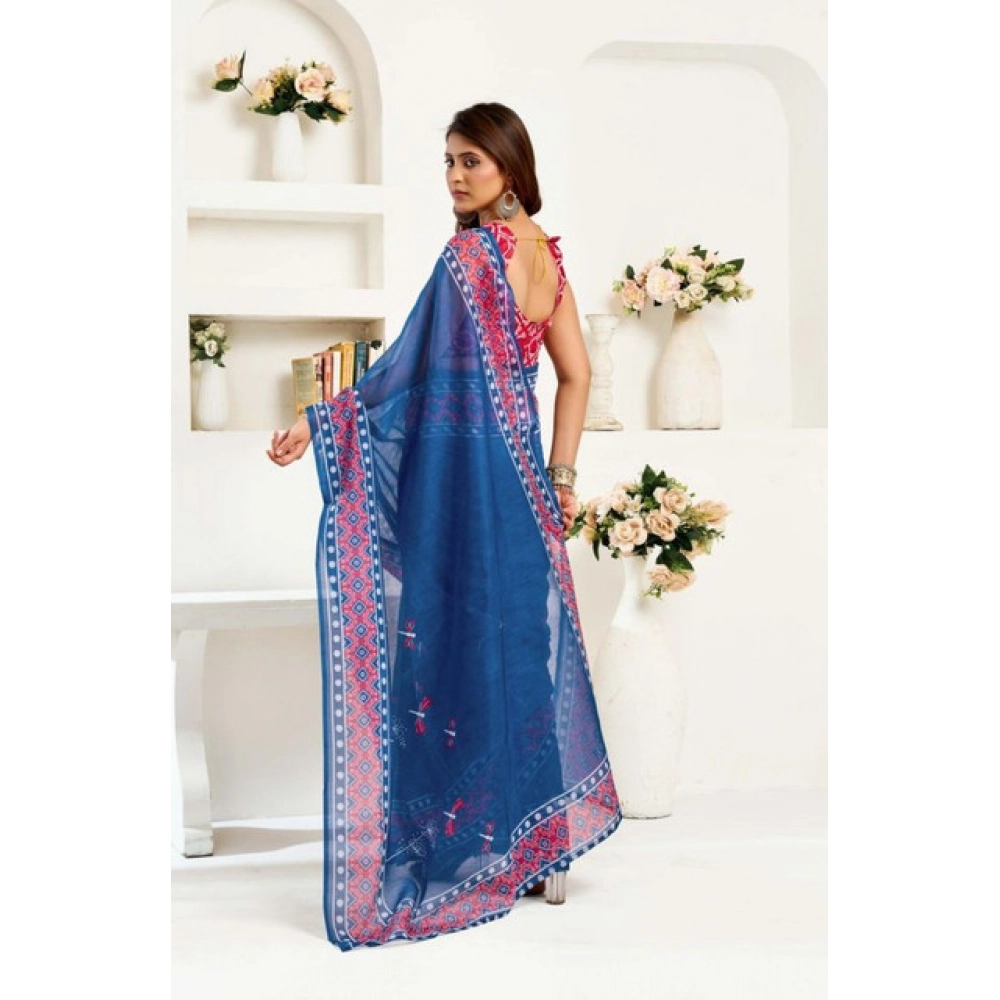 Women's Faux Linen Floral Print Ready to wear Saree With Unstitched Blouse 5.5Mtr (Blue) Women's Faux Linen Floral Print Ready to wear Saree With Unstitched Blouse 5.5Mtr (Blue)