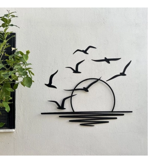 Seagulls at Sunrise Coastal Wooden Wall Decor – Black