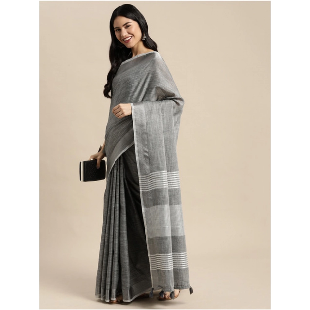 Women's Linen Cotton Printed Saree With Unstitched Blouse 5.5Mtr (Dark Grey) Women's Linen Cotton Printed Saree With Unstitched Blouse 5.5Mtr (Dark Grey)