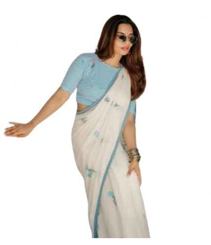Women's Linen Printed Saree With Unstitched Blouse 5.5Mtr (White)