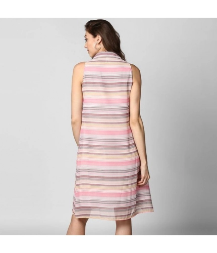 Women's Polyester Striped Sleeveless Dress (Pink)