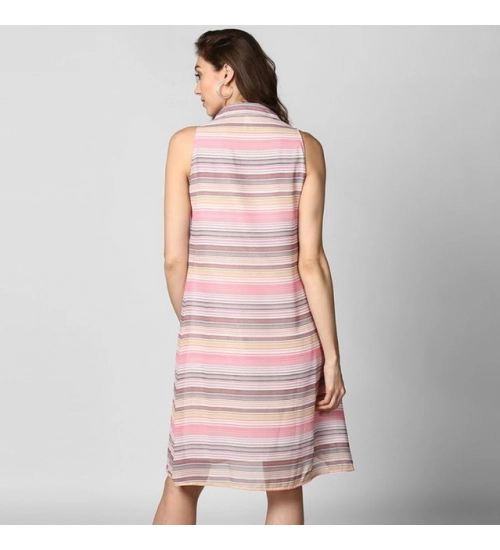 Women's Polyester Striped Sleeveless Dress (Pink) Women's Polyester Striped Sleeveless Dress (Pink)