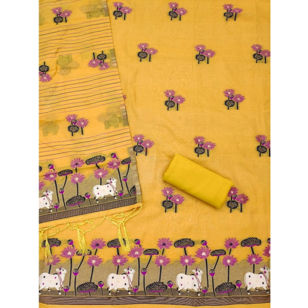 Women's Banarasi Silk Printed Unstitched Salwar Suit Material With Dupatta (Yellow, 3Mtrs)