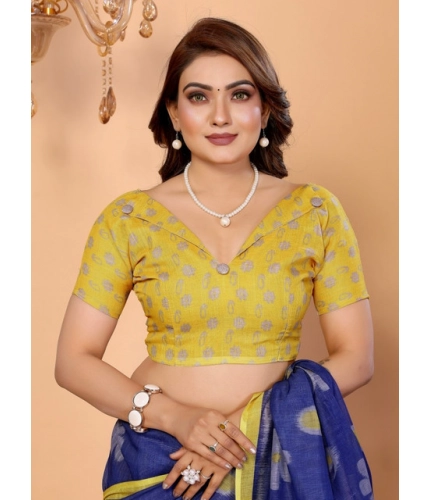 Women's Linen Cotton Printed Saree With Unstitched Blouse 5.5Mtr (Blue)
