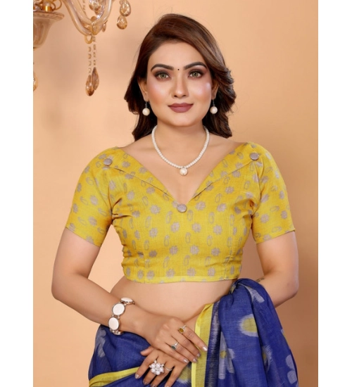 Women's Linen Cotton Printed Saree With Unstitched Blouse 5.5Mtr (Blue)
