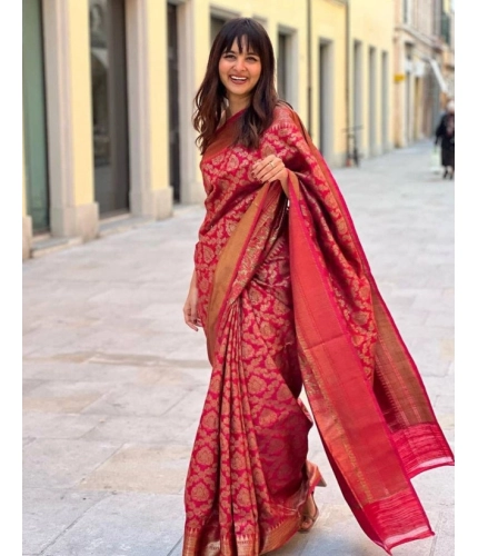 Women's Litchi silk Printed Saree With Unstitched Blouse (Red)
