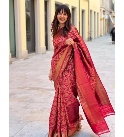 Women's Litchi silk Printed Saree With Unstitched Blouse (Red)