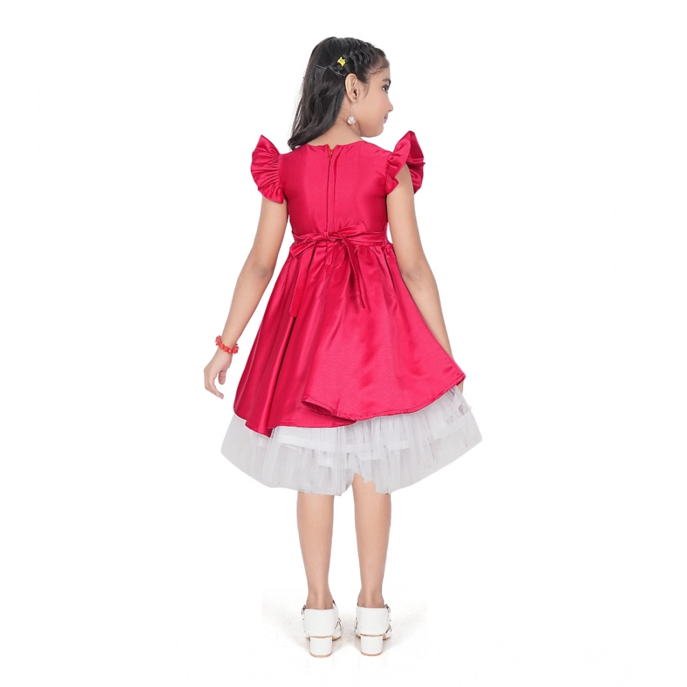 Girl's Satin Soild Short Sleeve V Neck Dress (Pink)