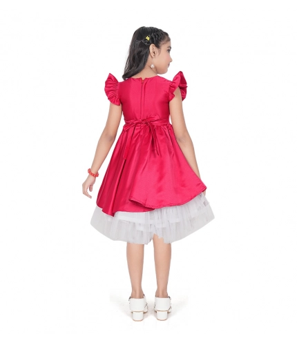 Girl's Satin Soild Short Sleeve V Neck Dress (Pink)