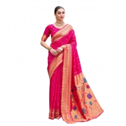 Women's Silk Blend Zari Woven Saree With Unstitched Blouse 5.5Mtr (Pink)