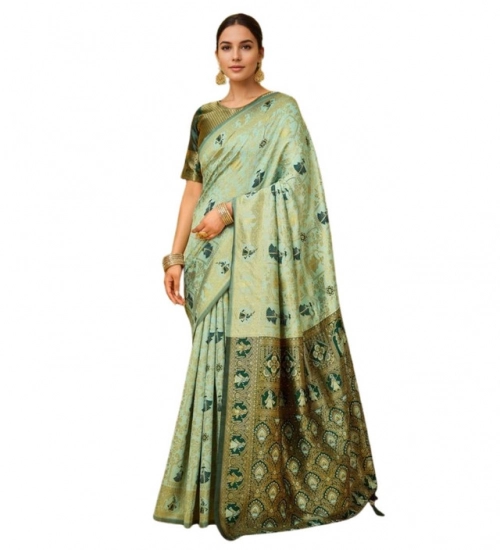 Women's Silk Blend Woven Paithani Saree With Unstitched Blouse 5.5Mtr (Mahendi)