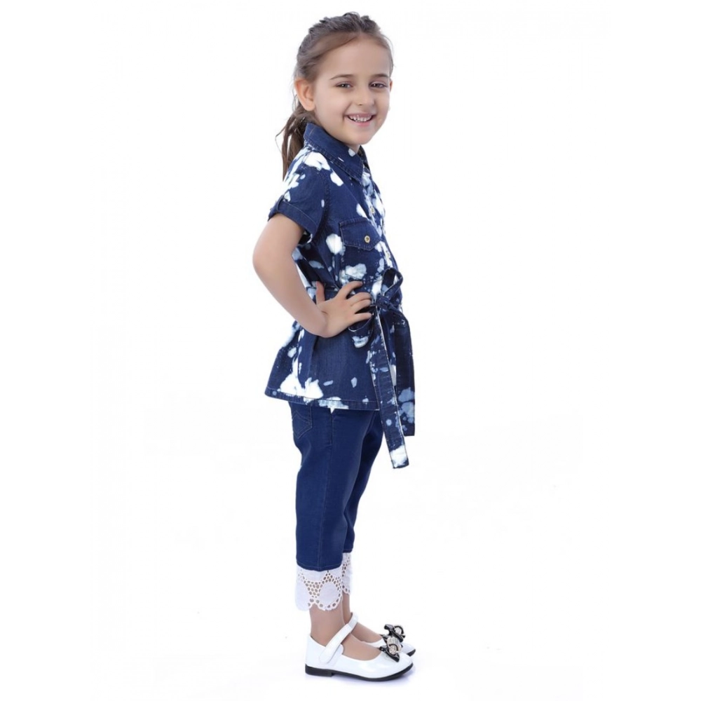 Girl's Denim Tie &amp; Dye Short Sleeve Top (Blue-White)