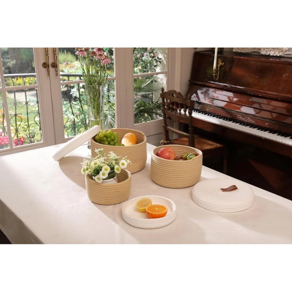 Cotton 3 Pcs Set Roti Box Storage Basket With Lid (Beige)