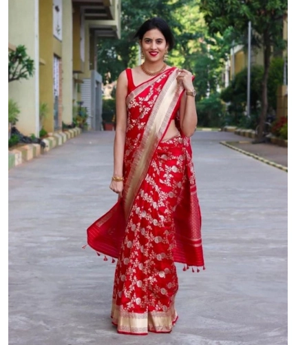 Women's Soft Lichi Silk Printed Saree With Unstitched Blouse 5.5Mtr (Red)